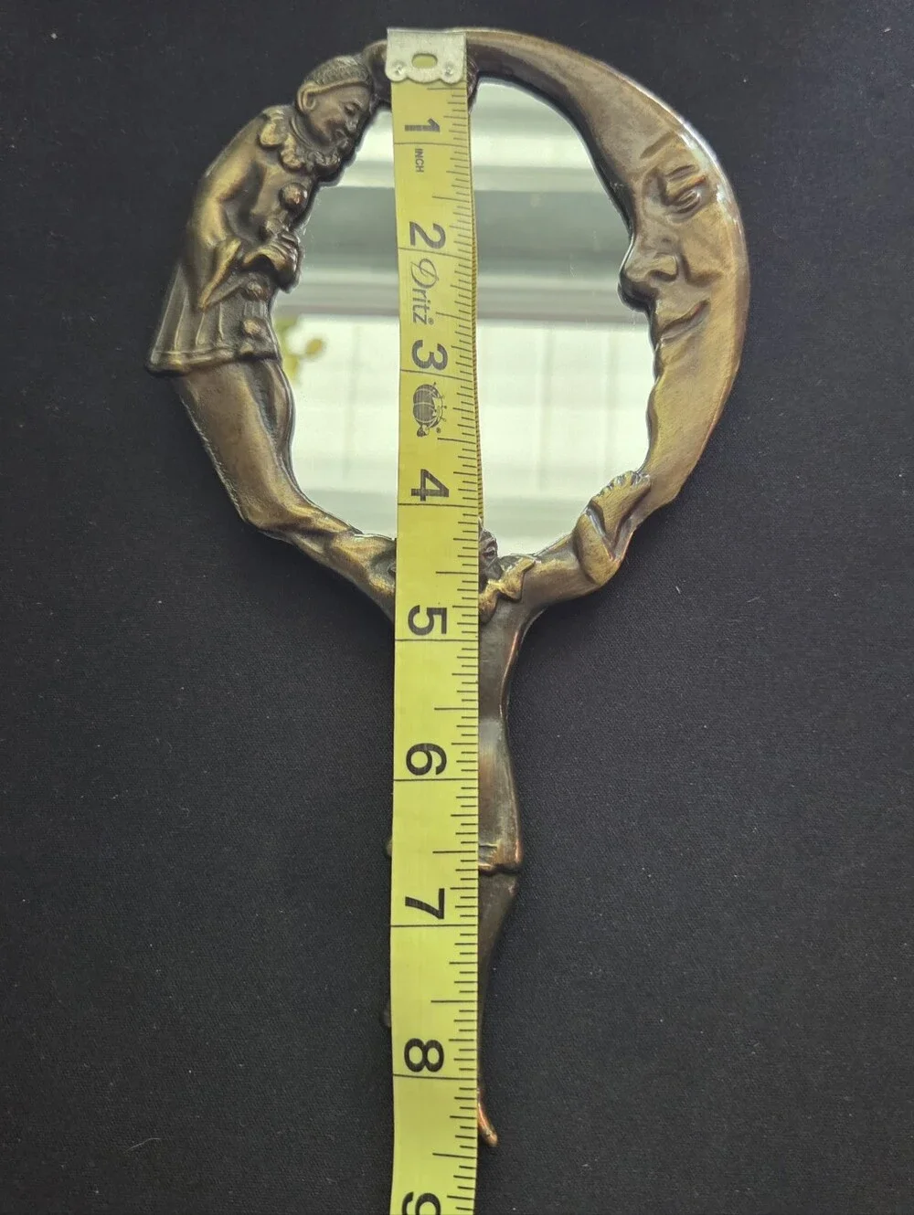 Vintage Art Nouveau Bronze Pierrot Clown Hand Mirror